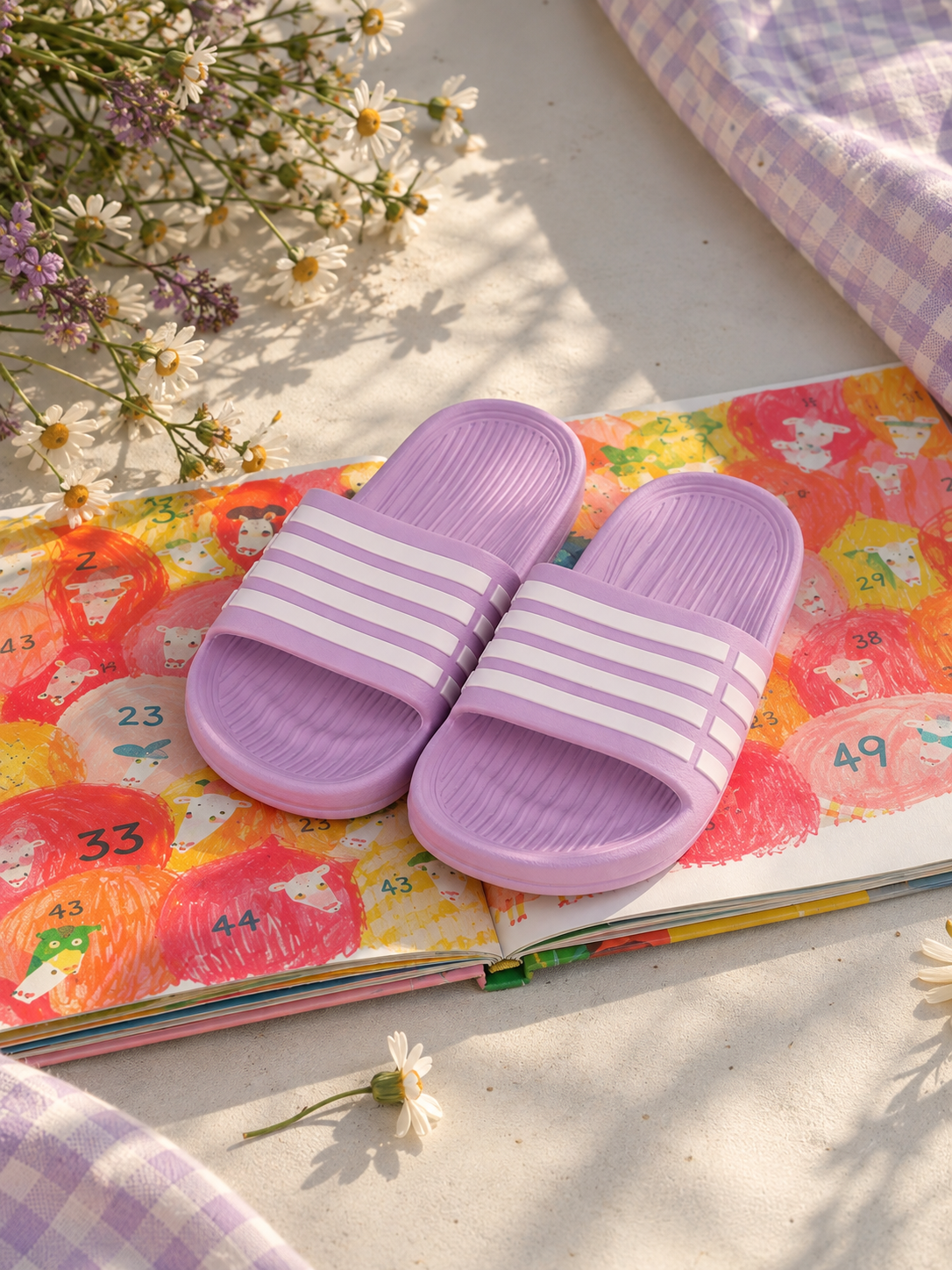 Sandalias Franjas Lila con Blanco para niños